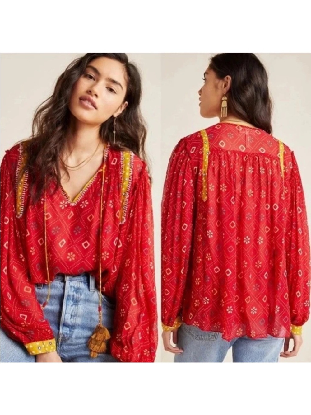 Anthropologie VERB Lulita Red Boho Blouse M Y2K Peasant Top Pallavi Singhee